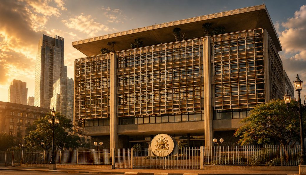 Bank of Uganda headquarters building at sunset — the Banking practice area