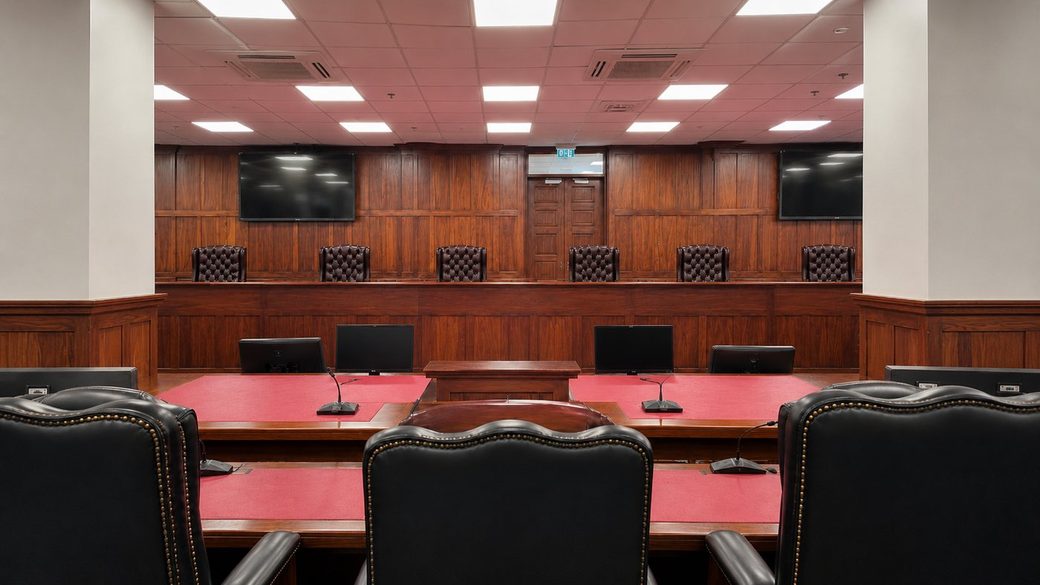 A Ugandan courtroom bench, panelled in dark wood — the Litigation practice area
